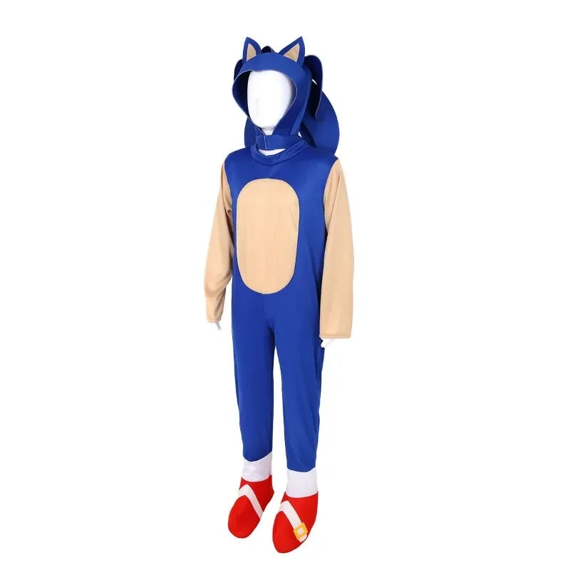 Sonic kids Halloween costume featuring a blue jumpsuit with hood and plush ears for fun dress-up