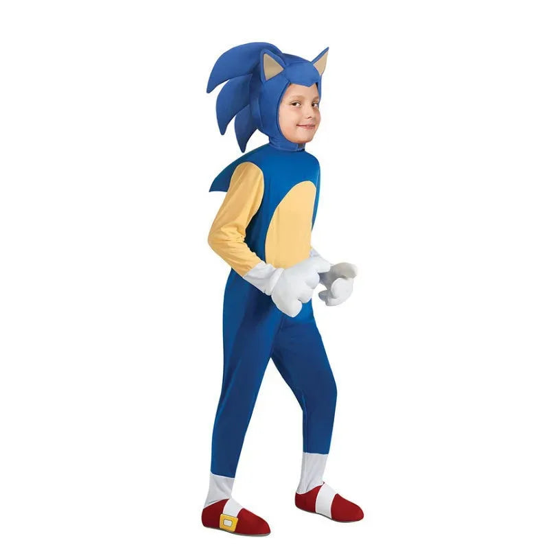 Sonic kids Halloween costume featuring a blue bodysuit and character headpiece for fun dress-up