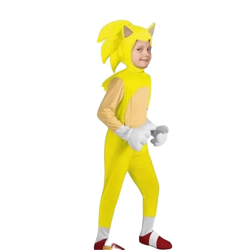 Sonic kids Halloween costume in bright yellow with gloves and shoes for festive celebrations