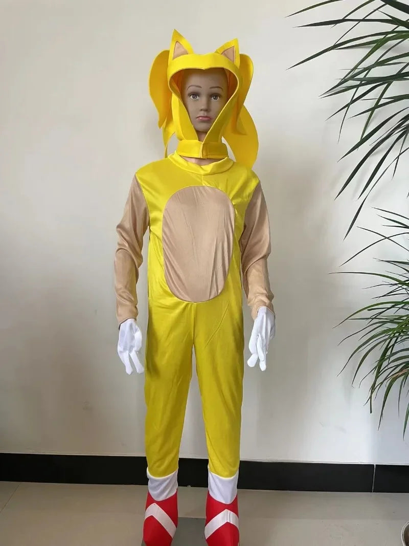 Child in Sonic kids Halloween costume featuring yellow jumpsuit and red shoes with gloves