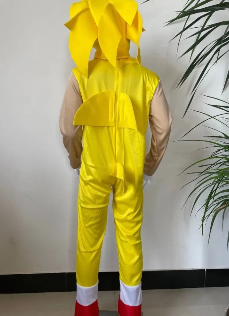 Sonic kids Halloween costume featuring bright yellow jumpsuit and iconic spiky back design