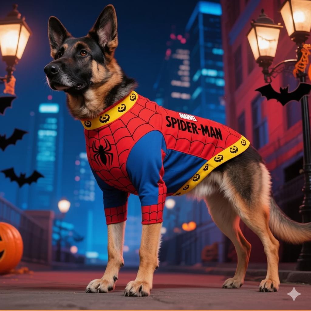 Spider-Man dog costume featuring a colorful design for pets to celebrate Halloween in style