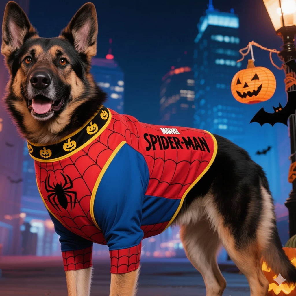 Spider-Man dog costume from Zoomies & Co featuring a fun superhero design for pets