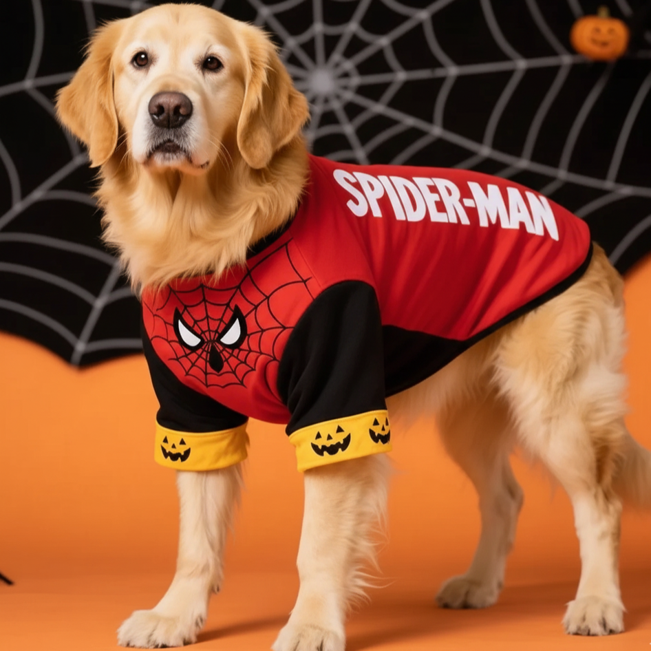 Golden Retriever wearing a Spider-Man dog costume with a spider web design