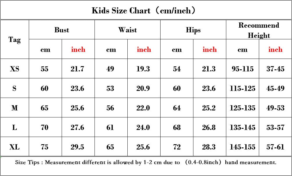Kids size chart for Far From Home Spiderman costume with bust, waist, and hips measurements