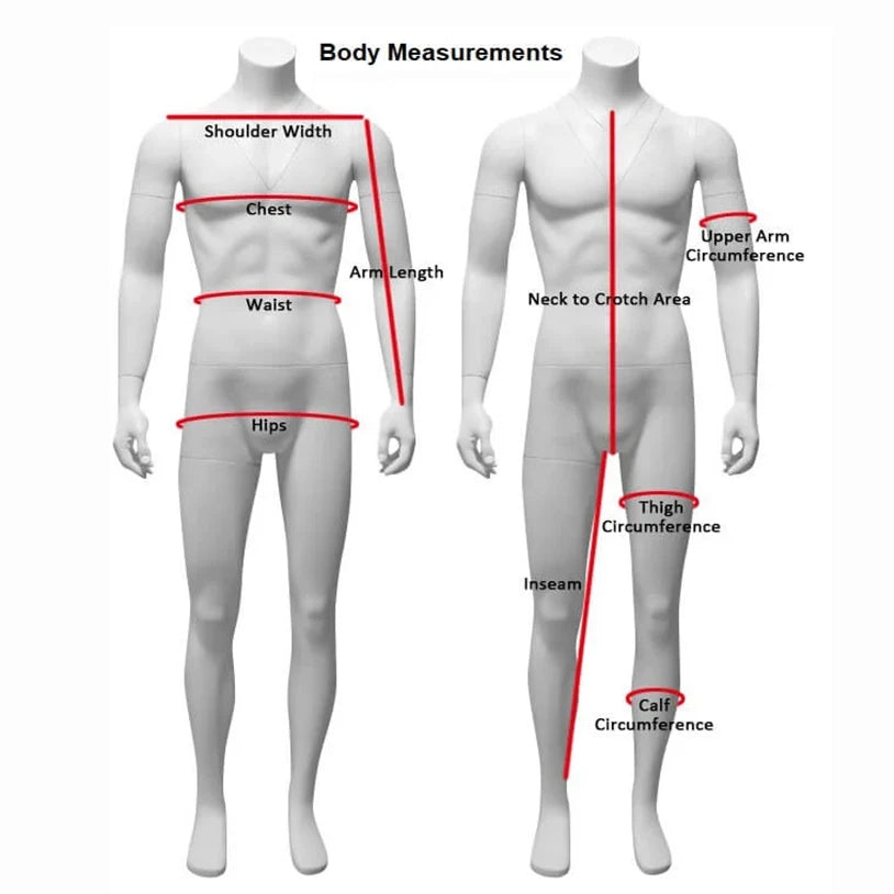 Body measurement chart for sizing the Far From Home Spiderman costume accurately and comfortably