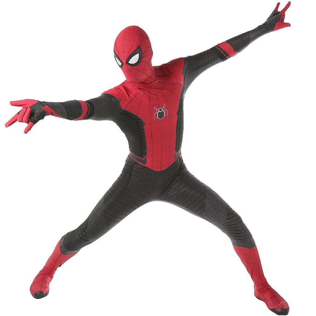 Far From Home Spiderman costume in red and black with spider emblem for kids and cosplay events