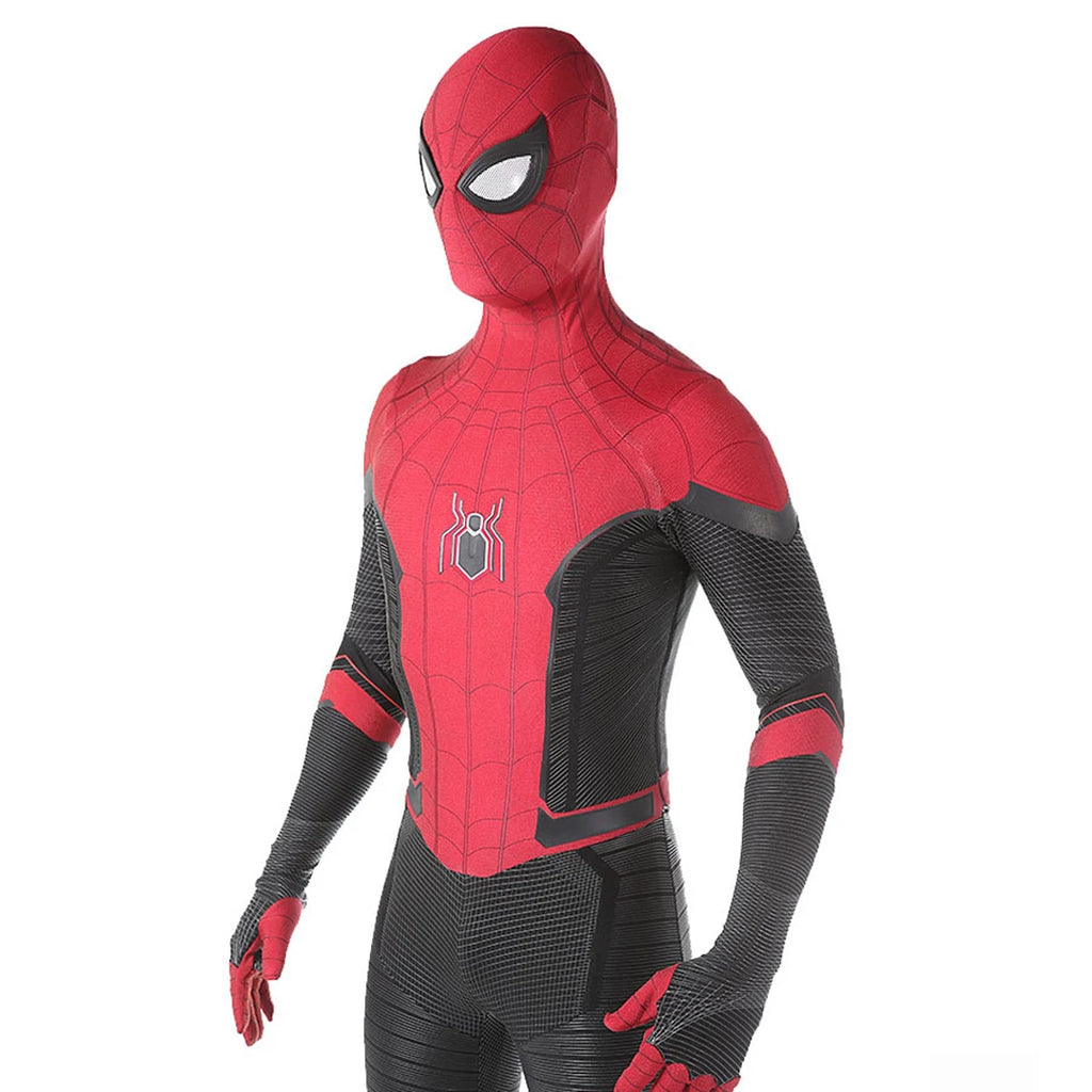 Far From Home Spiderman costume featuring a vibrant red design with intricate web patterns