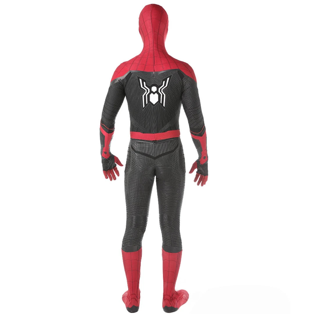 Back view of Far From Home Spiderman costume, featuring red and black design for kids