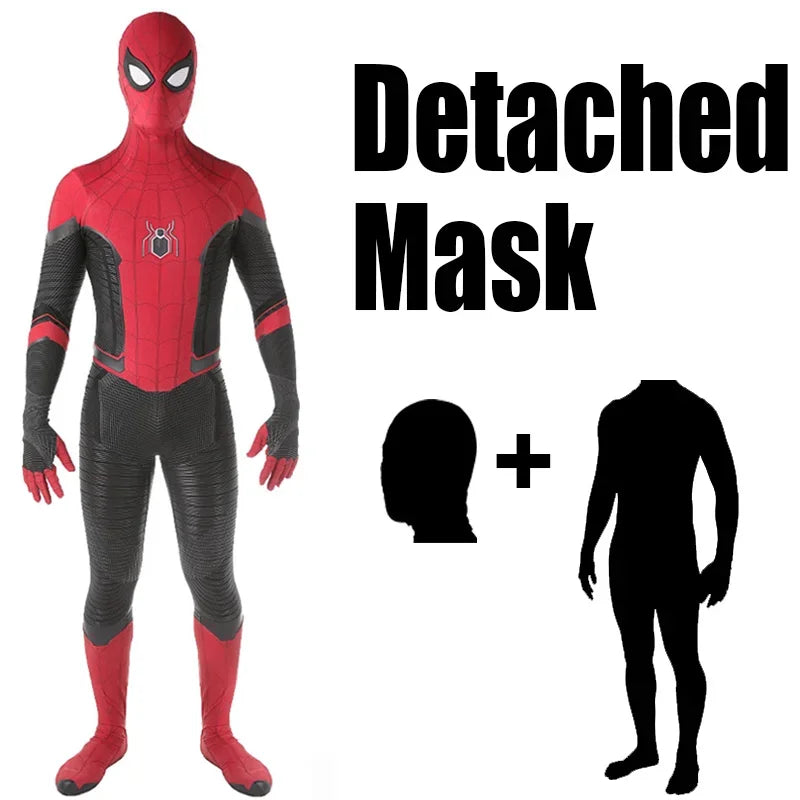 Far From Home Spiderman costume featuring a red and black design with a detached mask option