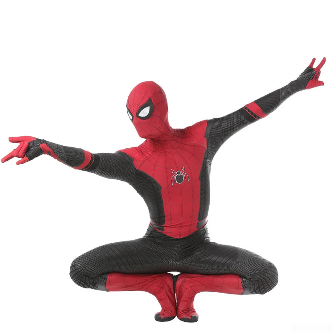 Far From Home Spiderman costume for kids featuring red and black design with mask and web details