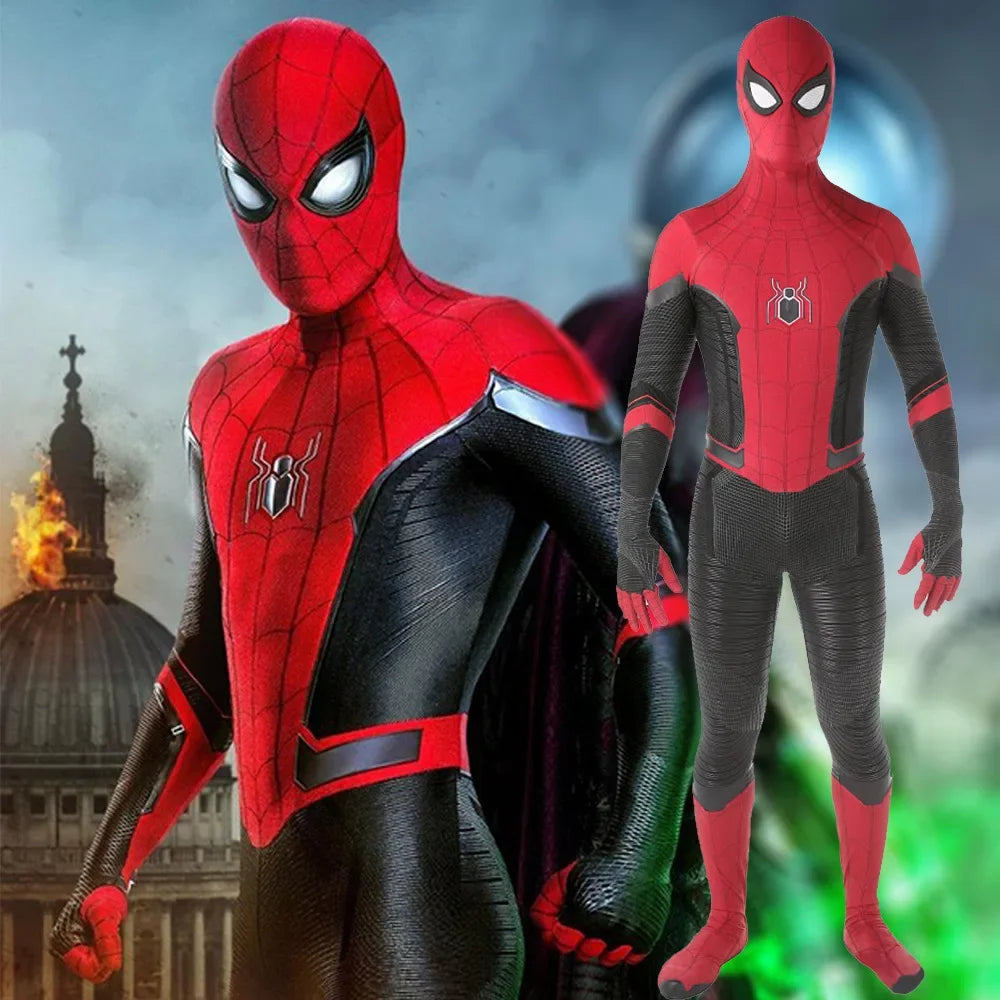 Far From Home Spiderman costume featuring detailed spider emblem and red and black design for fans