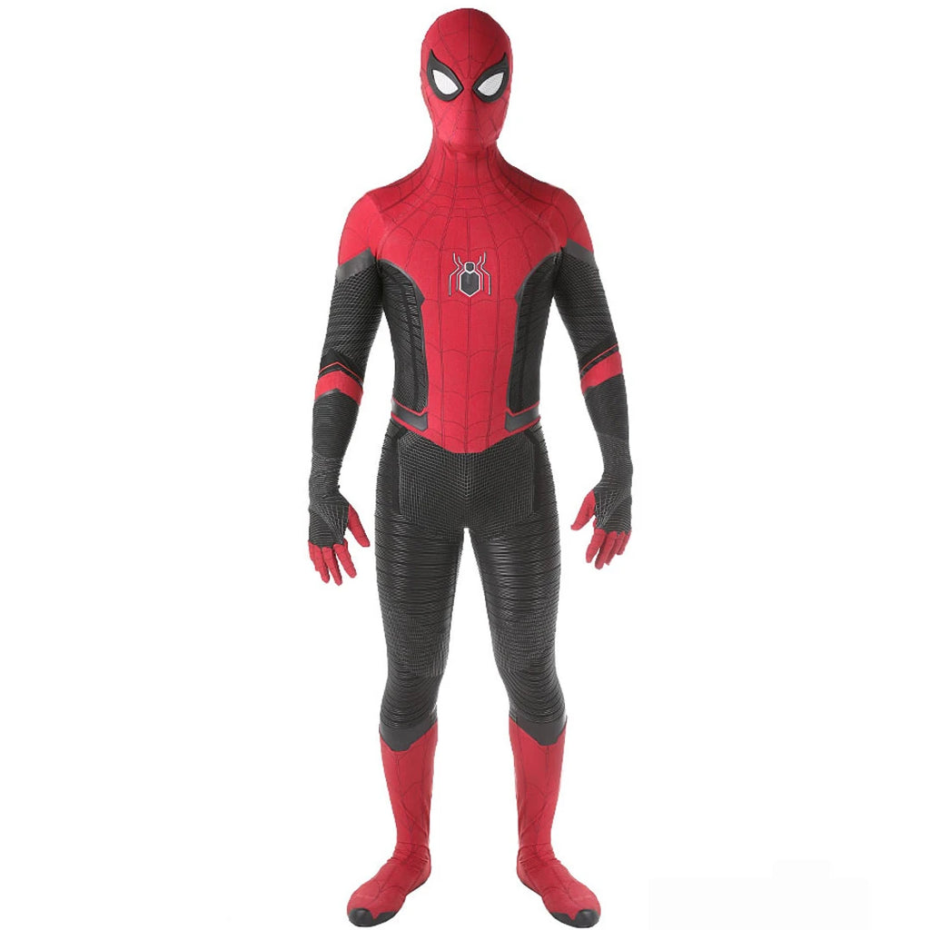 Far From Home Spiderman costume for kids featuring a red and black design with detailed web patterns
