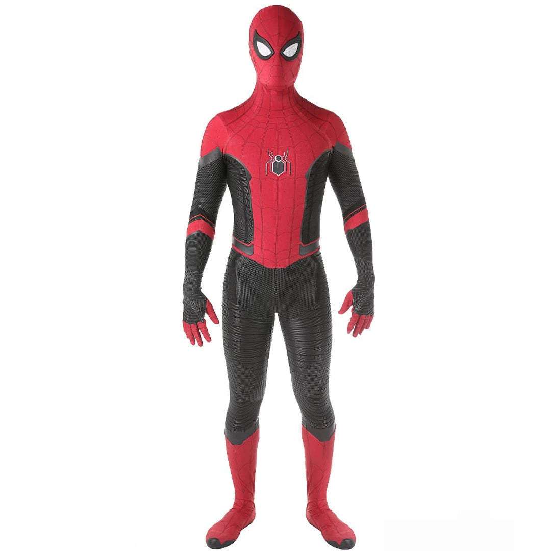 Far From Home Spiderman costume for kids featuring a red and black design with detailed web patterns