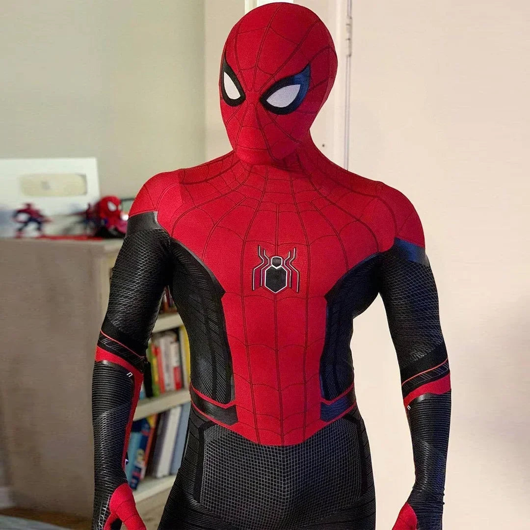 Far From Home Spiderman costume featuring detailed red and black design for kids and adults