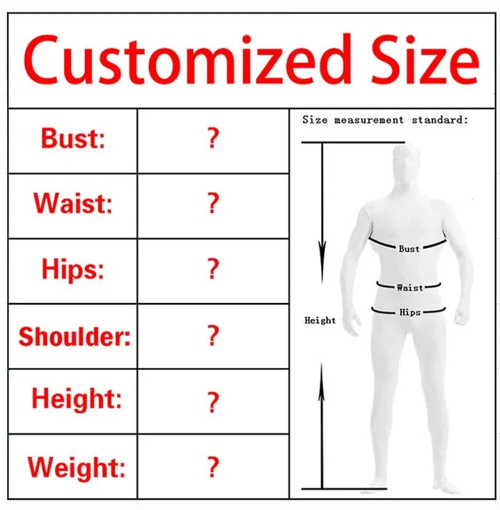 Customized size chart for Far From Home Spiderman costume with measurement guidelines