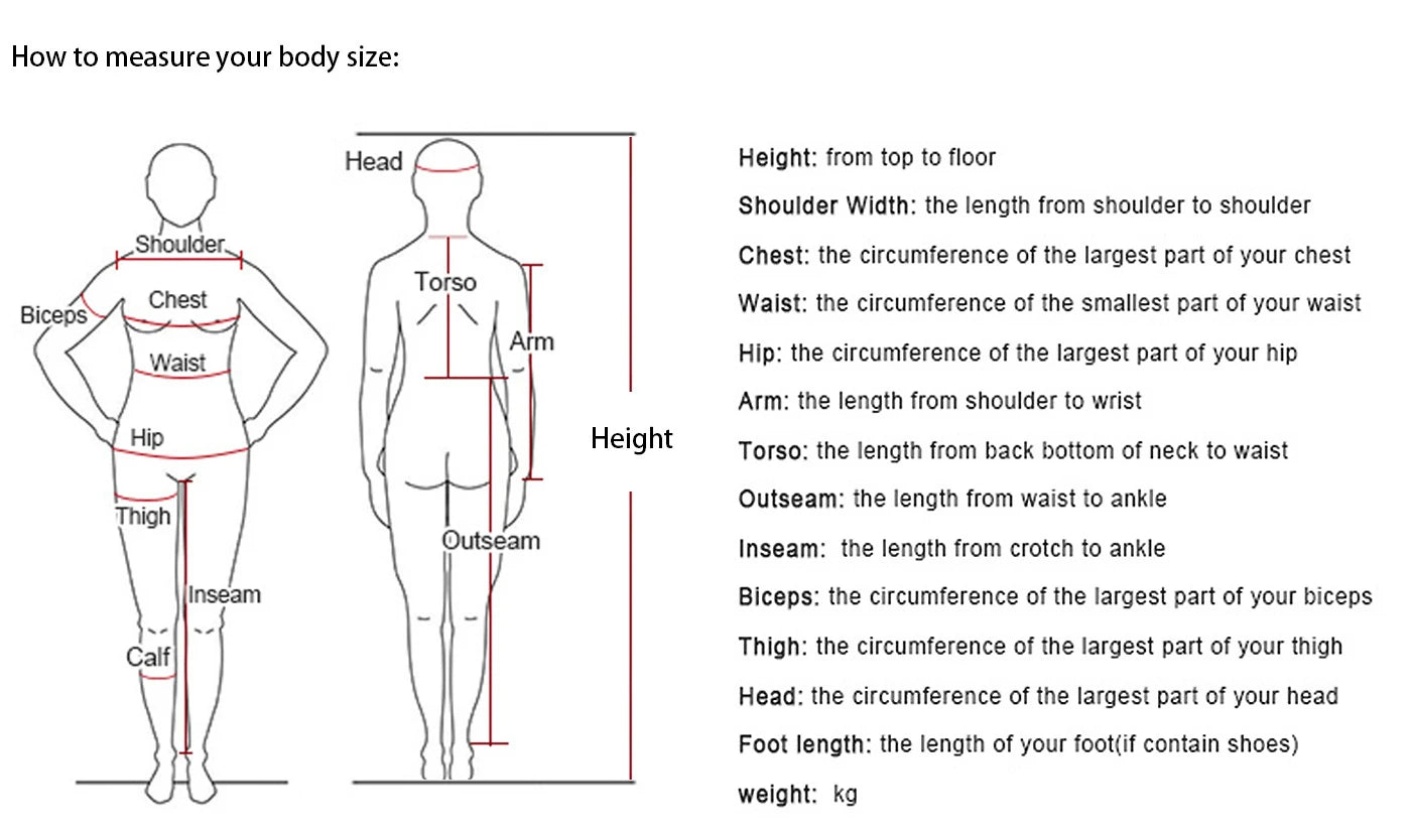 Size guide for measuring body dimensions for the Far From Home Spiderman costume