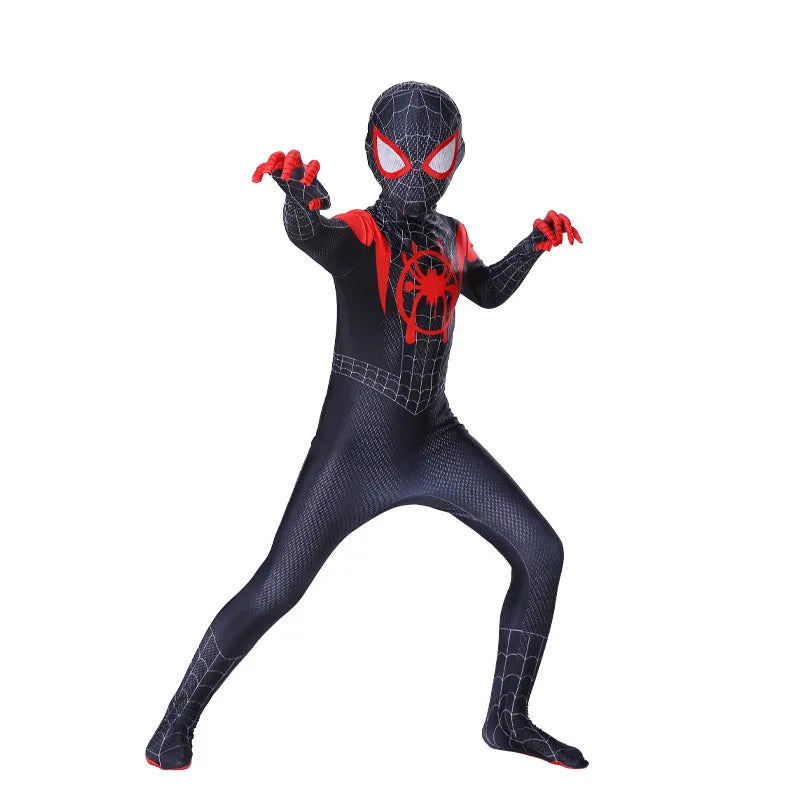 Kids Spiderman Halloween costume featuring a black suit with red accents and spider logo