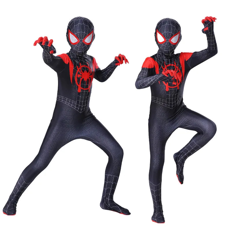 Kids Spiderman Halloween costume featuring a black and red design with a web pattern and mask