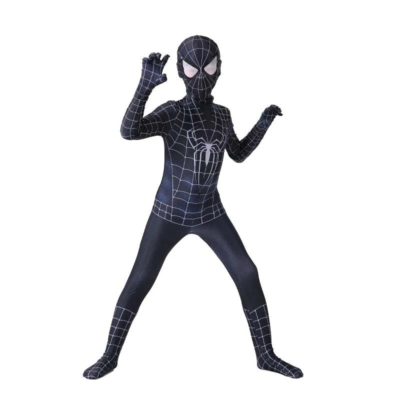 Kids Spiderman Halloween costume featuring black suit with spider web design for trick-or-treating fun