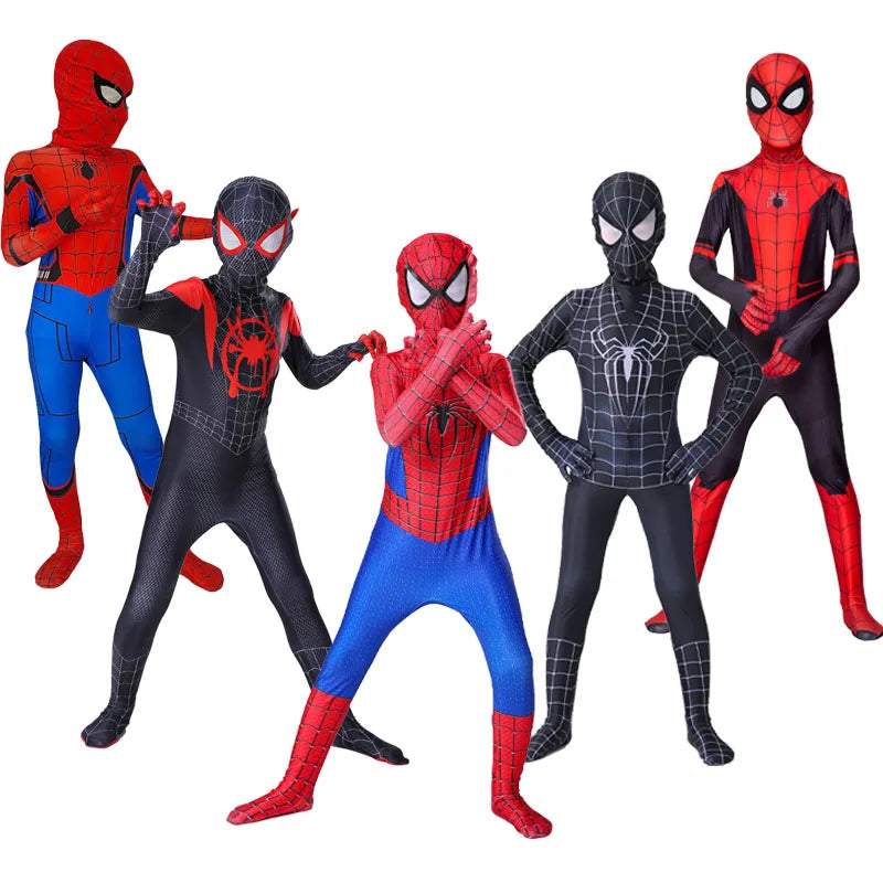 Collection of Spiderman Halloween costumes for kids including various designs and styles
