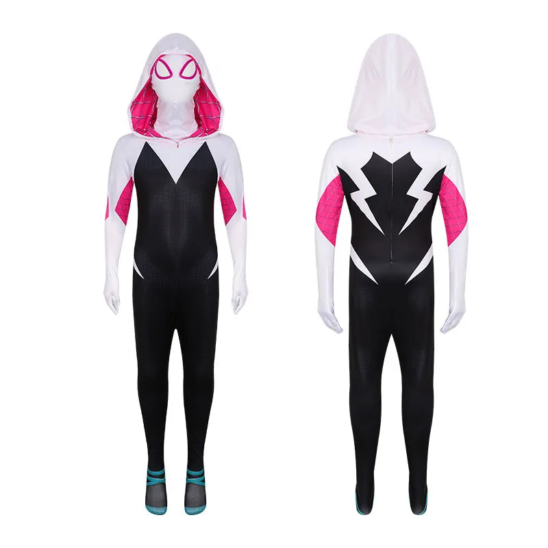Kids Spiderman Halloween costume in black and pink with attached hood and web design