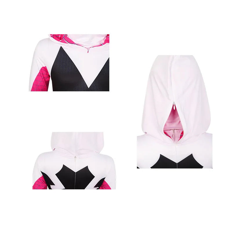 Spiderman Halloween costume featuring a pink and black design with a hood for festive fun