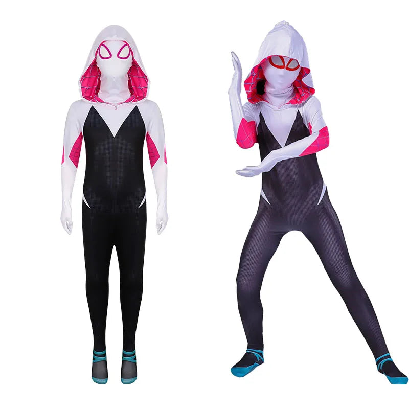 Child Spiderman Halloween costume in black and white with mask and web design for dress-up fun