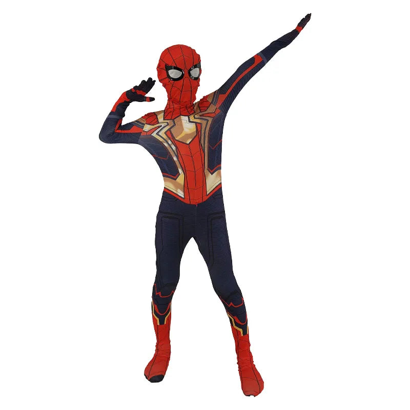 Child wearing a Spiderman Halloween costume with detailed suit design and mask for festive fun