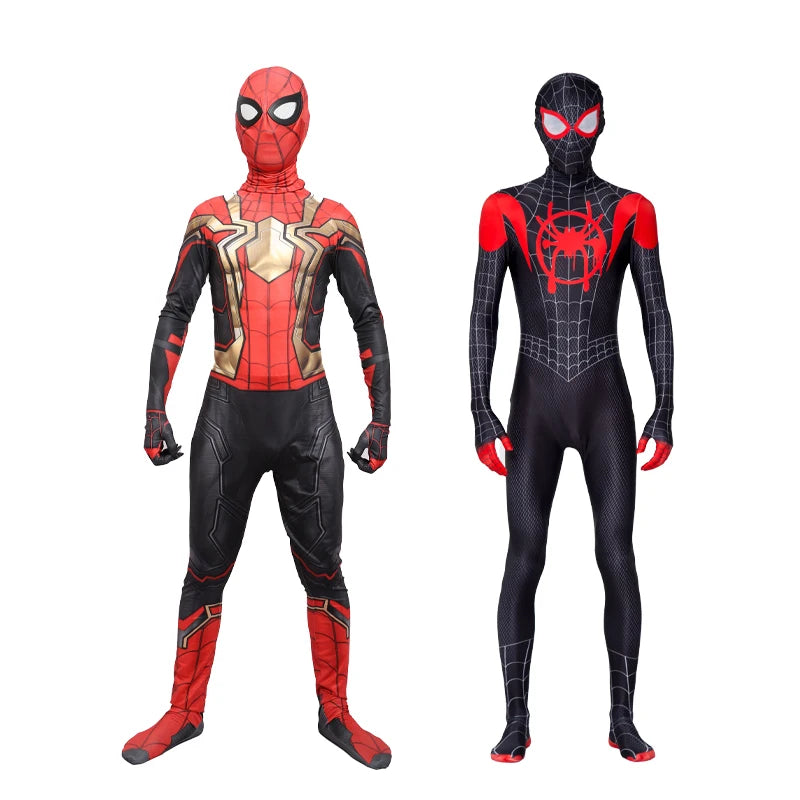 Two Spiderman Halloween costumes featuring a classic red suit and a modern black suit for kids