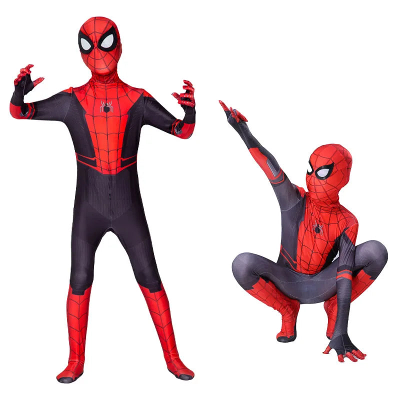 Kids Spiderman Halloween costume featuring a red and black design with web patterns