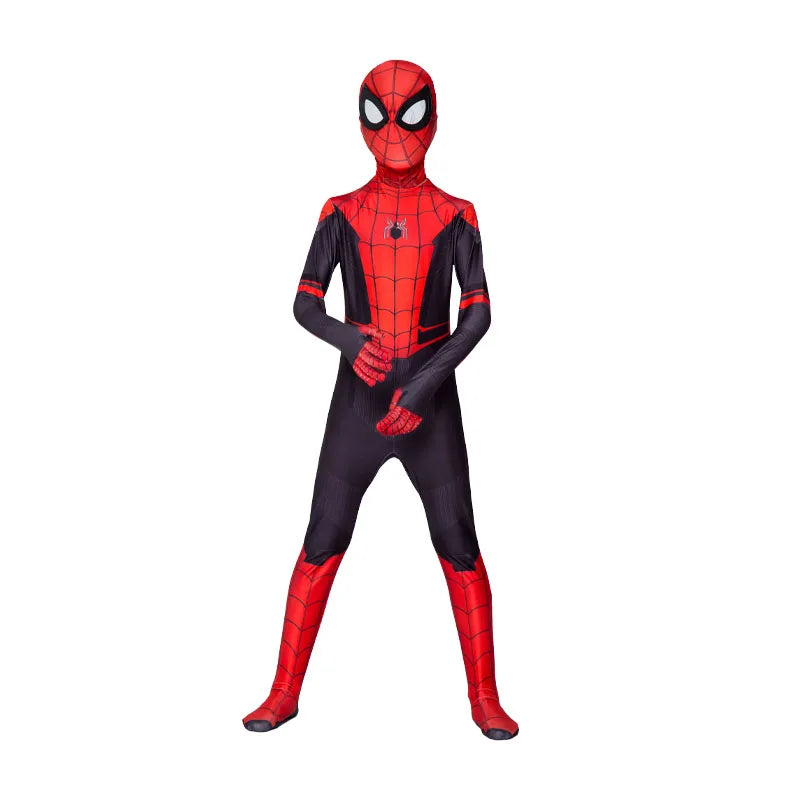 Kid in a Spiderman Halloween costume featuring a red and black design with web patterns