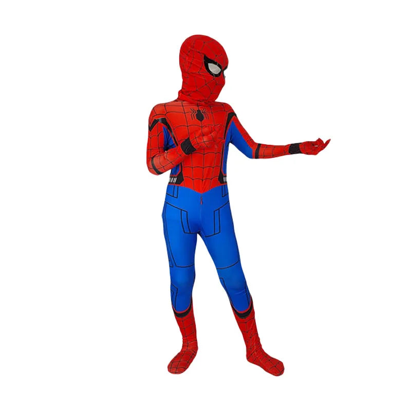 Kids Spiderman Halloween costume featuring a red and blue bodysuit with mask for fun dress-up