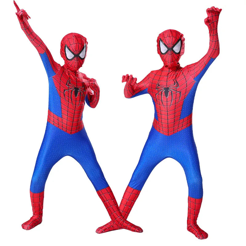 Kids Spiderman Halloween costume featuring spandex design and iconic spider logo for fun and creativity