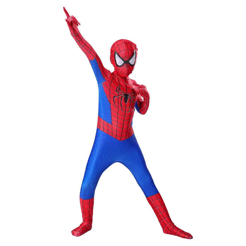 Child in Spiderman Halloween costume posing heroically in a colorful red and blue suit