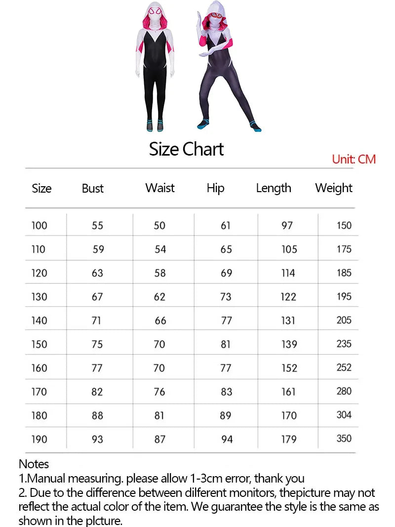 Size chart for Spiderman Halloween costume featuring various measurements for different sizes