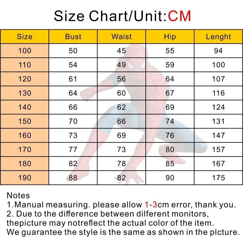 Size chart for Spiderman Halloween costume with measurements for bust, waist, hip, and length