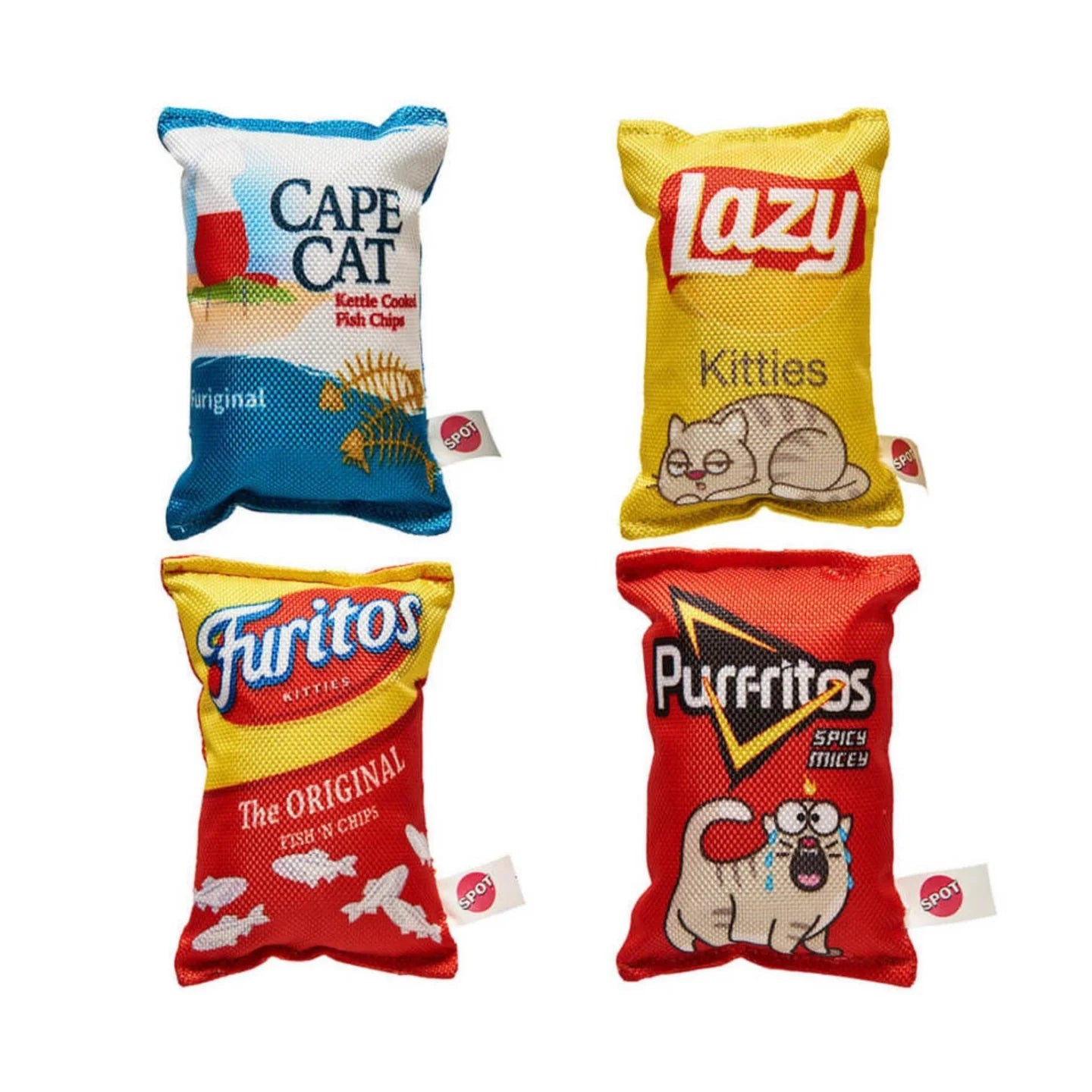 Set of four spot plush cat toy assorted shaped like colorful snack bags for cats