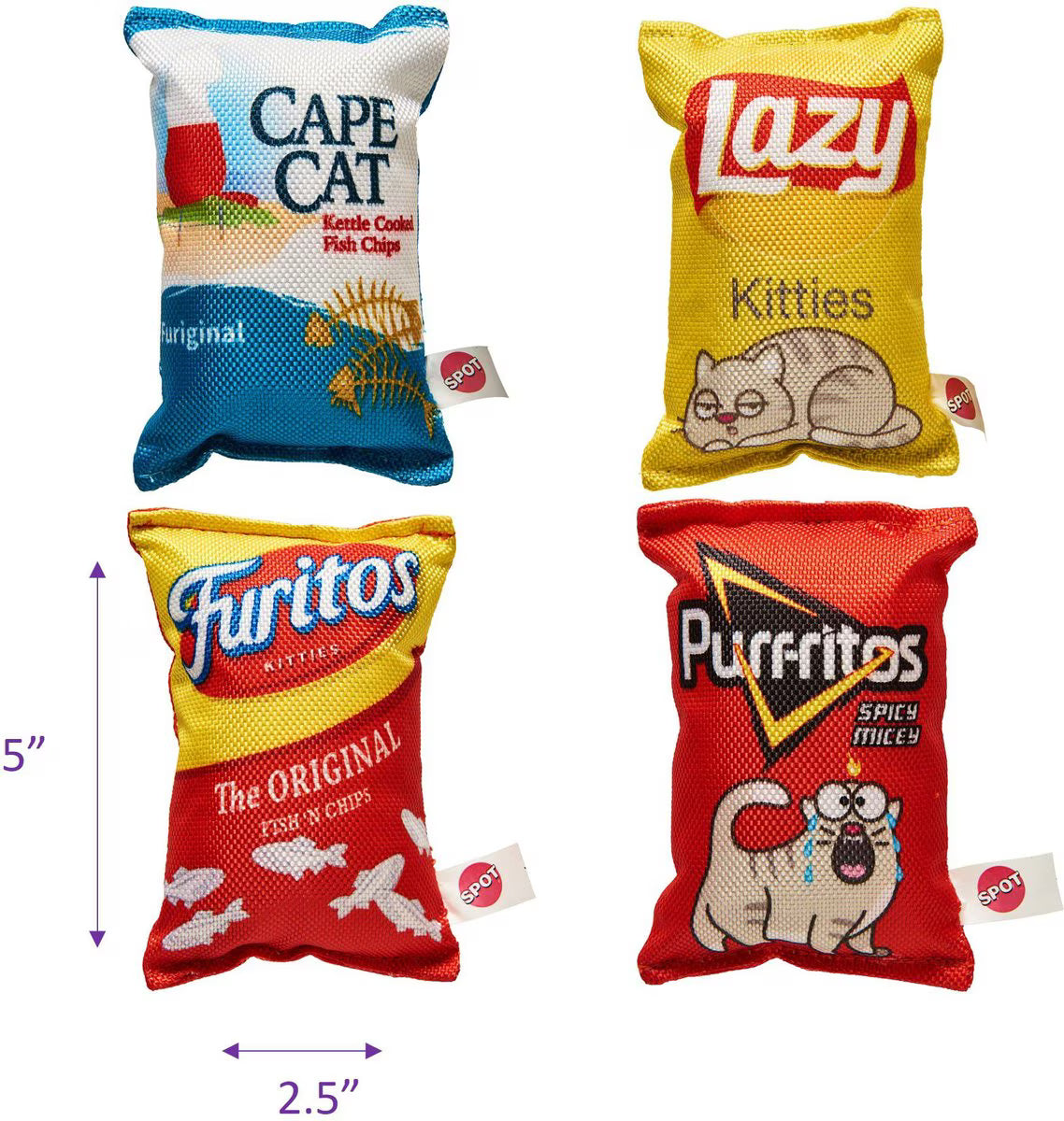 Spot plush cat toy assorted set of four colorful mini snack bag designs measuring 5 by 2.5 inches