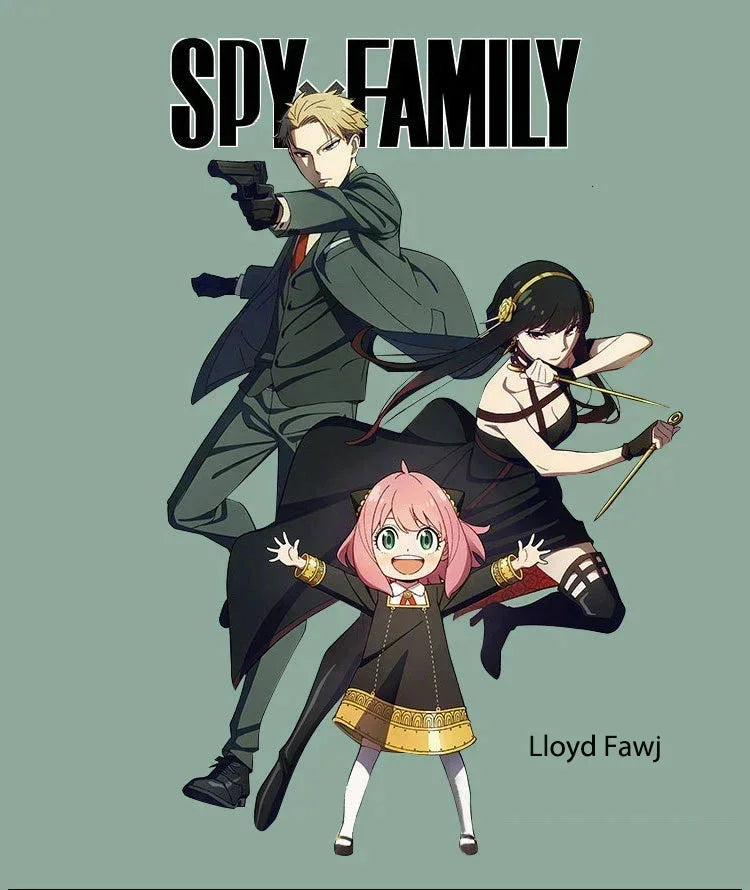 Spy x Family Twilight outfit for men featuring characters Lloyd, Yor, and Anya in a vibrant illustration