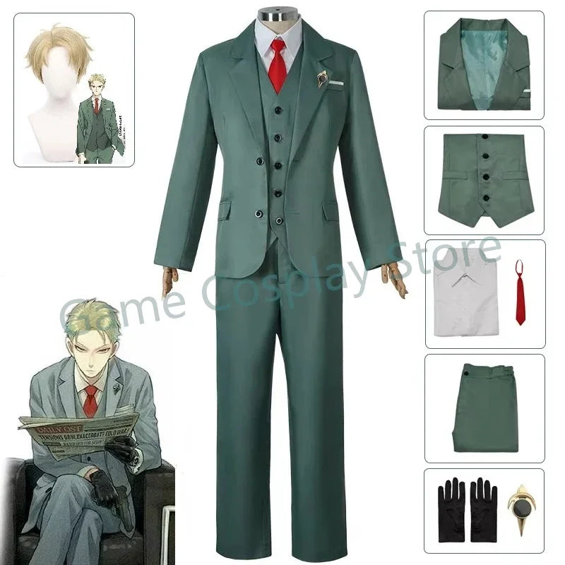 Spy x Family Twilight outfit for men, featuring a green suit, red tie, and stylish accessories