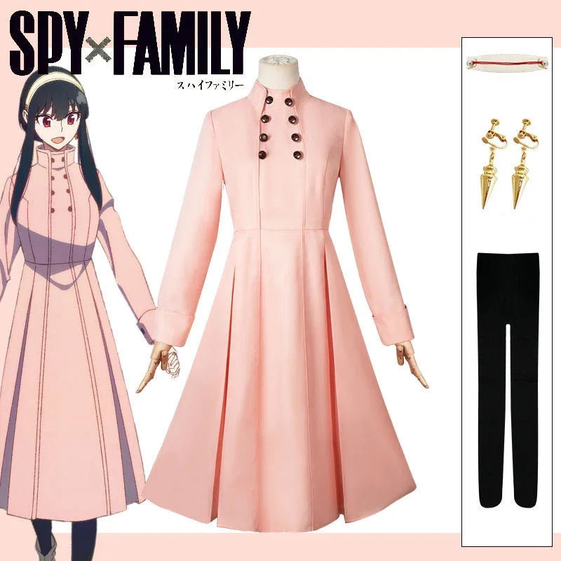 Spy X Family Yor Forger dress in pink with elegant design and button details, perfect for cosplay and fans