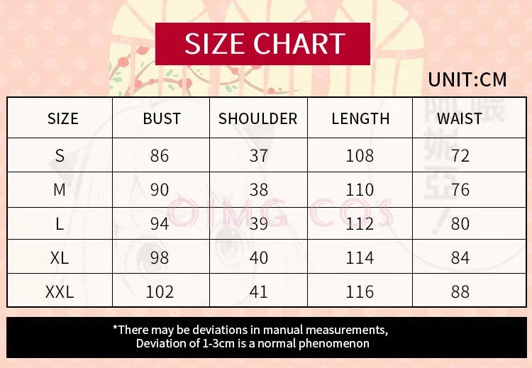 Size chart for Spy X Family Yor Forger dress with measurements in centimeters