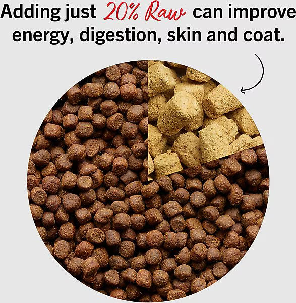 Close-up of Stella and Chewys beef meal mixers showing brown kibble and raw freeze-dried chunks for pet nutrition