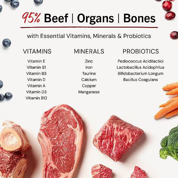 Stella and Chewys beef meal mixers with 95 percent beef, organs, bones, essential vitamins, minerals, and probiotics