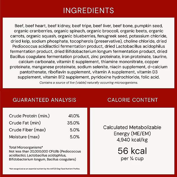 Ingredients and nutritional analysis label for Stella and Chewys beef meal mixers showing organic ingredients and calorie content