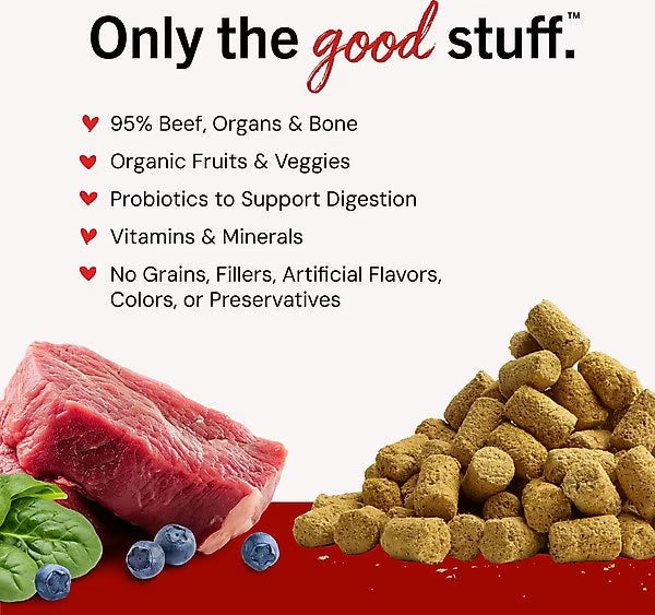 Stella and Chewys beef meal mixers with 95 percent beef organs bone organic fruits veggies and probiotics
