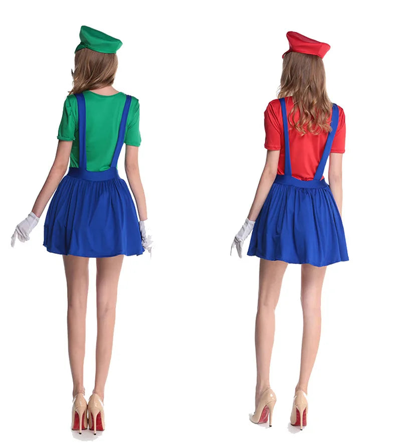Super Mario Halloween costume featuring a colorful dress with green and red top and blue skirt