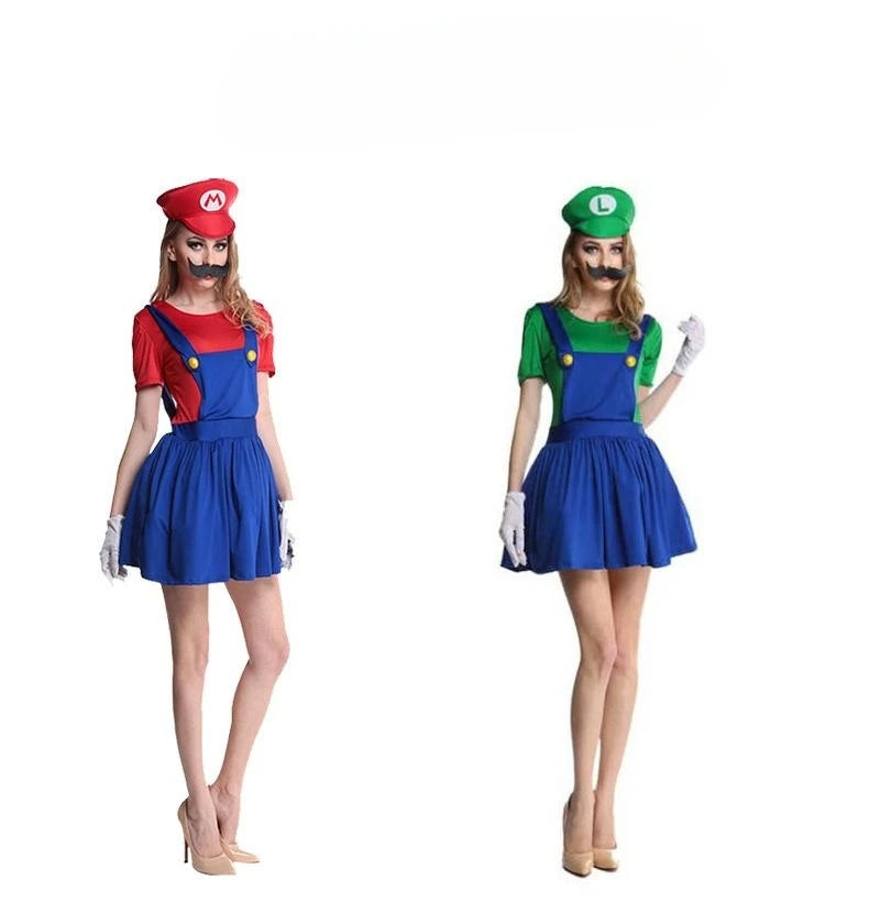 Super Mario Halloween costume for women featuring Mario and Luigi-themed dresses with matching hats