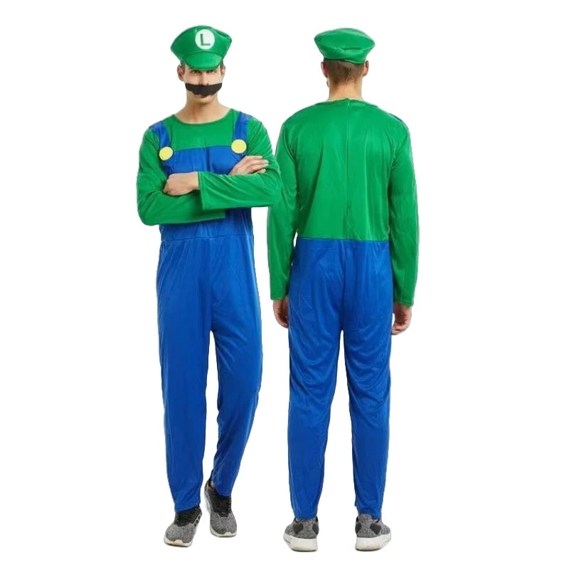 Super Mario Halloween costume featuring a green Luigi jumpsuit with a hat and mustache accessory